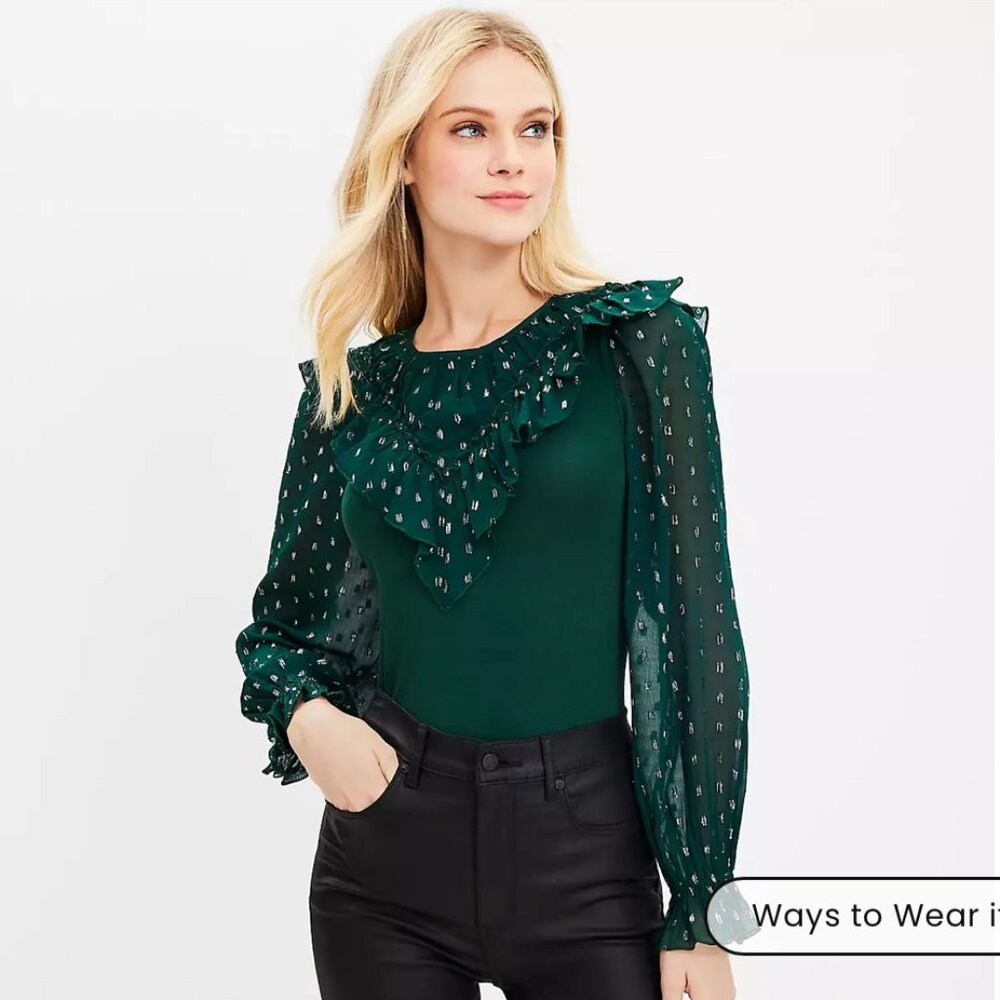 NWT LOFT Shimmer Ruffle Yoke Top Green